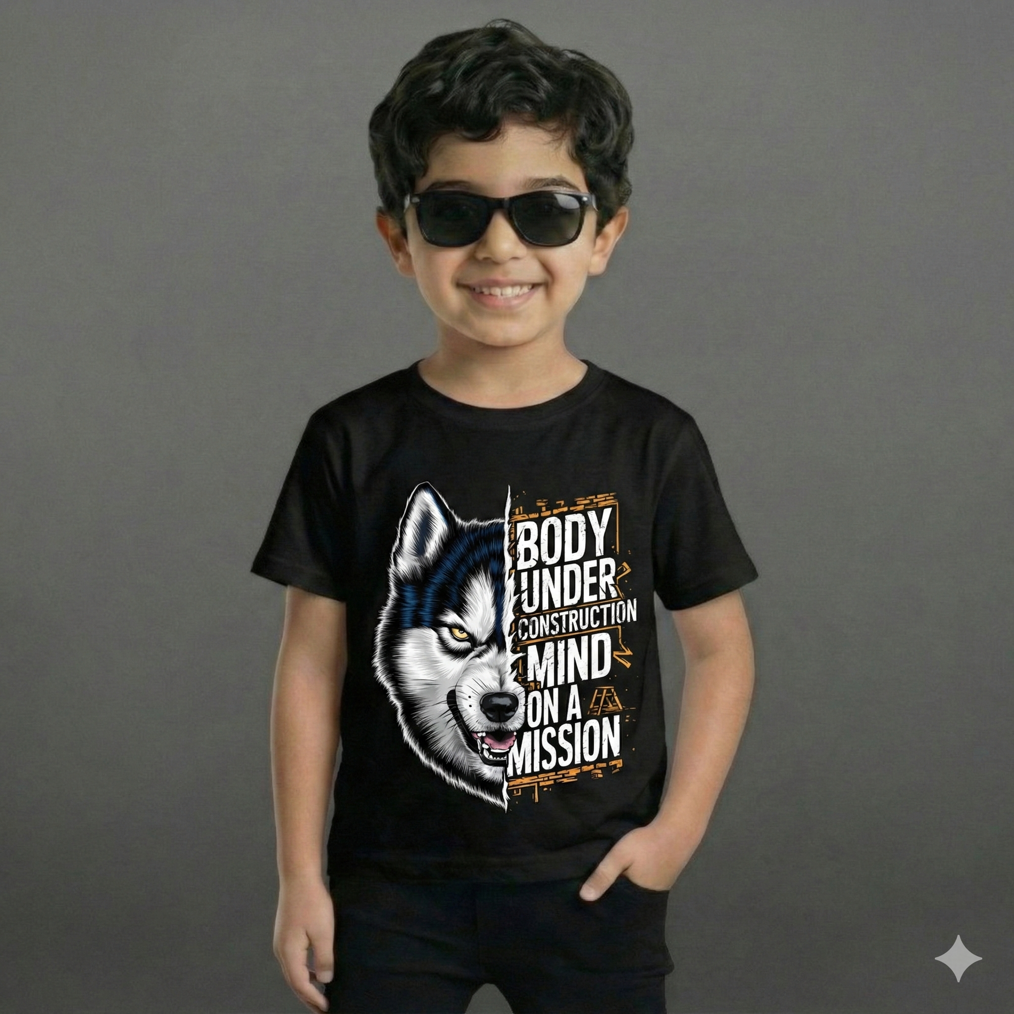 Premium Boys "Mind On A Mission" Wolf Graphic Black T-Shirt