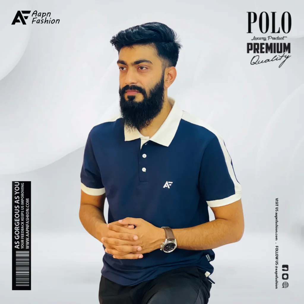 Mens Premium Double PK Cotton Polo Shirt with Contrast – Navy Blue Stand View